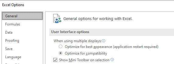 Excel User Interface Options